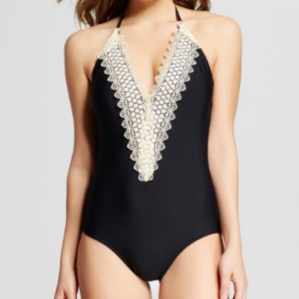 Sea Angel Elegant Black Lace Trim One Piece Swimsuit